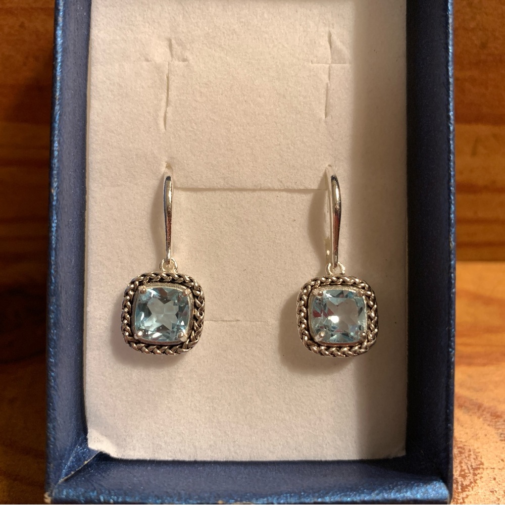 NWOT Silver Earrings w/t Light Blue Square Stone
